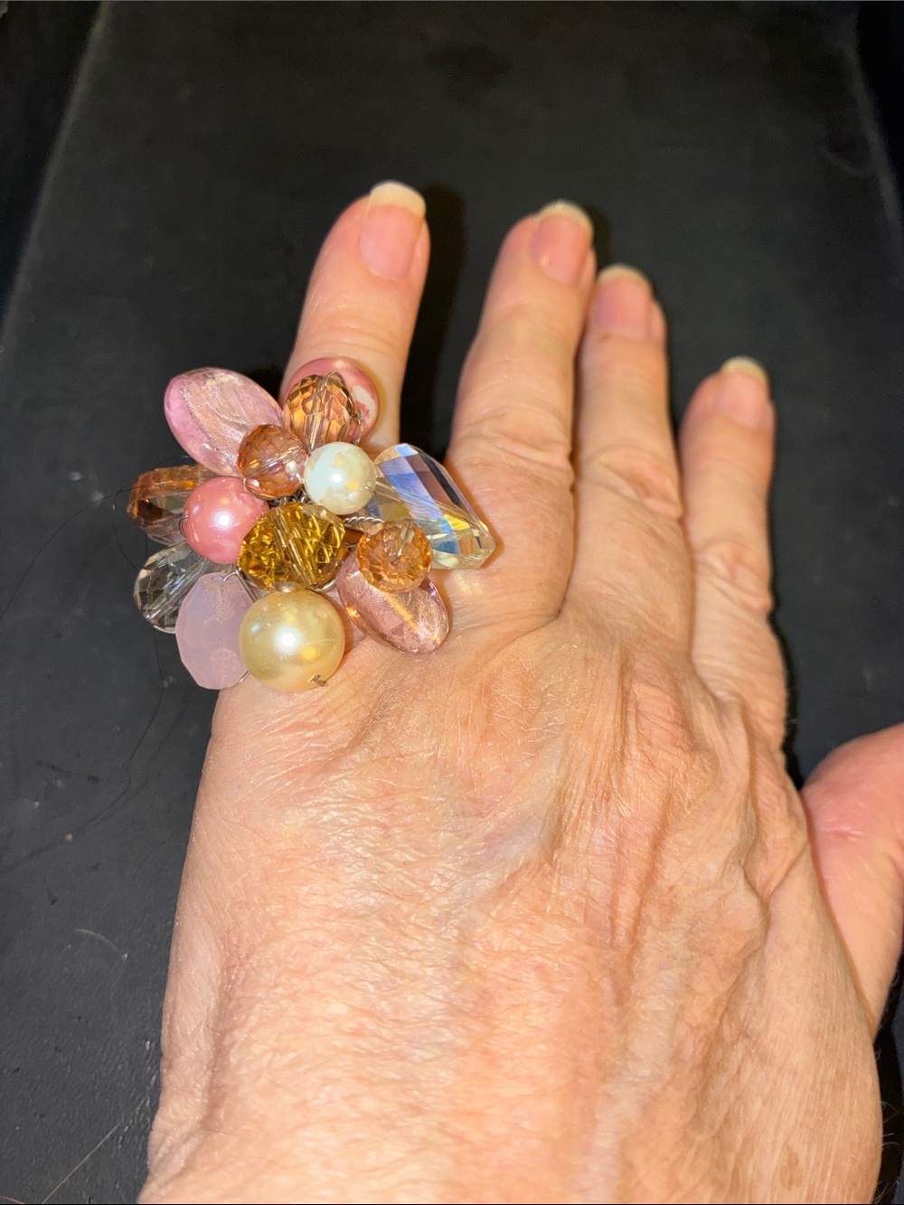Pink & Gold Cluster Bead Cocktail Stretch Band Ring